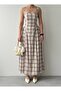 Women's Ecru Plaid Strappy Square Neck Fitted Waist Midi Length Flared Dress - 2