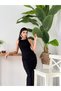 Women's Black Midi Dress Sleeveless Crew Neck Floral Applique Slim Fit - 4