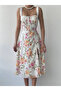Women's White Floral Patterned Slit Detailed Lace-Up Square Neck Midi Poplin Dress - 2
