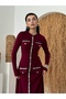 Women's Burgundy Midi Dress with Crew Neck, Long Sleeves, Button and Pocket Cover Detail - 3