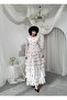 Women's Coffee Color Chiffon Floral Patterned Layered Flounce Belted Long Dress - 5