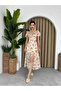 Women's Beige Midi Dress Square Collar Balloon Sleeves Floral Patterned Slit Poplin - 5