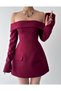 Women's Burgundy Mini Dress Boat Neck Long Sleeve Mini Atlas Dress with Pockets - 7