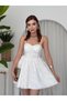 Women's White Mini Dress with Straps, Sweetheart Neckline, Corset Look, Ruched and Flared - 6