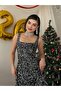 Women's Black Sequined Square Neck Strap Midi Length Flared Cut Event Dress - 3