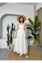 Women's Ecru Strappy Scallop Textured Square Neck Gathered Waist Long Dress - 2