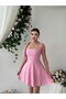 Women's Pink Mini Dress Square Neck Floral Embroidery Straps Flared Cut - 6