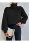 Women's Black High-Neck Oversize Knitwear Sweater Ribbed Flowy Soft Textured Cotton Turtleneck