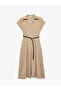Aerobin Fabric Pocketed V-Neck Short Sleeve Belt Detailed Flared Cut Midi Dress