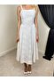 Women's White Strappy Square Neck Embroidered Midi A-Line Woven Dress - 4