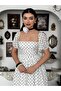 Women's Ecru Polka Dot Off-Shoulder Balloon Sleeve Gathered Midi Dress - 7