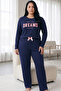 Navy Blue Patterned Cotton Lycra Large Size Oversized Knitted Pajama Set26240888 - 2