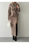 Women's Mink Skirt Suit, Textured Cashmere Belted Jacket, Slit Midi Skirt - 2