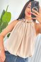 Women's Beige Beaded Detailed Halter Neck Flowy Balloon Cut Sleeveless Blouse - 4