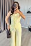 Women's Yellow Top and Bottom Set Sleeveless Buttoned Blouse Pants Set High Waist Wide Leg Plain Textured - 3
