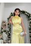 Women's Sari Satin Halter Neckline Gathered Belt Detailed Long Evening Dress - 5