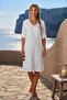 White V-Neck 3/4 Sleeve Lined Embroidered Casual Cotton Woven Dress with Hidden Pockets 107 55 - 6