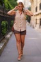Beige High Neck Sleeveless Buttoned Pocketed Casual Muslin Woven Blouse 70 60 - 4