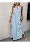 Women's Off-The-Shoulder Halter Neck Long Viscose Dress with Accessory Detail and Without Belt - 2