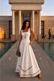 Women's Etamin Embroidered Linen Square Neck Belted Bohemian Dress - 4