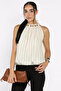 Cream Khaki Collar Beaded Detailed Striped Blouse