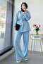 Premium Drawstring Waist Cima Detail Double Face Trousers Set - Blue