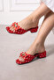Algero Red Satin Polka Dot Women's Slippers with Gold Drop Accessories and Short Heels