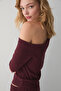 Delore Women's Soft and Flexible Fabric Asymmetrical Collar Draped Detail Burgundy Top and Bottom Set - 2