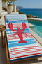 Blue White Orange Striped Red Lobster Patterned 70X150 Beach Towel - Digital Printed Fade-Resistant Bath Towel