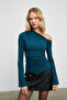 Fauriva Women's Asymmetrical Collar One Shoulder Open Drawstring Detail Flexible Fabric Petrol Blue Blouse