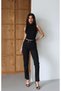 Women's Black Belted High Waist Belted Straight Leg Cut-Out Detailed Black Jean Trousers - 2