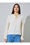 Beige Solid Long Sleeve Ruffle Blouse with Tie-Neck - 3