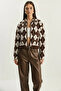 Women's Diamond Patterned Collared Zippered Knitwear Brown Ecru Cardigan - 7