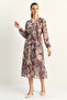 Women's Elastic Waist V-Neck Button Detailed Lined Patterned Chiffon Mink Dress - 4