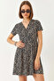 Women's Double Breasted Collar Patterned Short Sleeve Mini Black Dress - 5