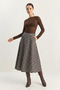 Women's Plaid Patterned A-Line Long Navy Blue Ecru Skirt with Pocket Detail - 4