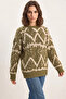 Women's Patterned Crew Neck Oversize Knitwear Green Sweater - 3