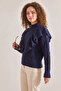 Women's Braided Openwork Knitwear Navy Blue Sweater - 4