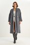 Women's Bearded Soft Textured Double-Breasted Collar Lined Smoked Coat with Belt and Pocket Detail - 3