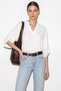 Women's High Collar V-Neck Loose Cut Bat Sleeve White Blouse - 2