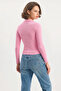 Women's Body-Hugging Half-Zip Ribbed Polo Collar Basic Candy Pink Blouse - 6