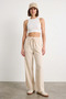 Women's Elastic Waist, Detailed Cuffs, Palazzo Style Cotton Beige Trousers