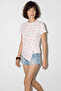 Women's Polka Dot Patterned Crew Neck Draped Asymmetrical Cut White Pink Blouse - 3