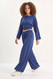 Women's Flared Sleeves, Gathered Waist Top, Pleated Belted Loose Pants, Modal Navy Blue Set - 3