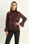 Women's Ruffle Detailed High Neck Shiny Chiffon Plum Blouse - 5
