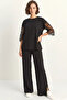 Women's Lace Sleeves Oversize Basic t Shirt Elastic Waist Loose Pants Bottom Top Modal Black Set - 6