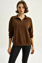 Women's Stand Collar Half Zipper Pocket Detailed Oversize Modal Bitter Brown Sweatshirt - 4