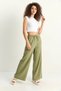 Women's Elastic Waist, Pocket Detail, Loose Linen Green Trousers - 6