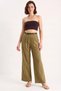 Women's Straw Belted Pocket Detailed Striped Linen Palazzo Khaki Trousers - 4