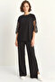 Women's Lace Sleeves Oversize Basic t Shirt Elastic Waist Loose Pants Bottom Top Modal Black Set - 5